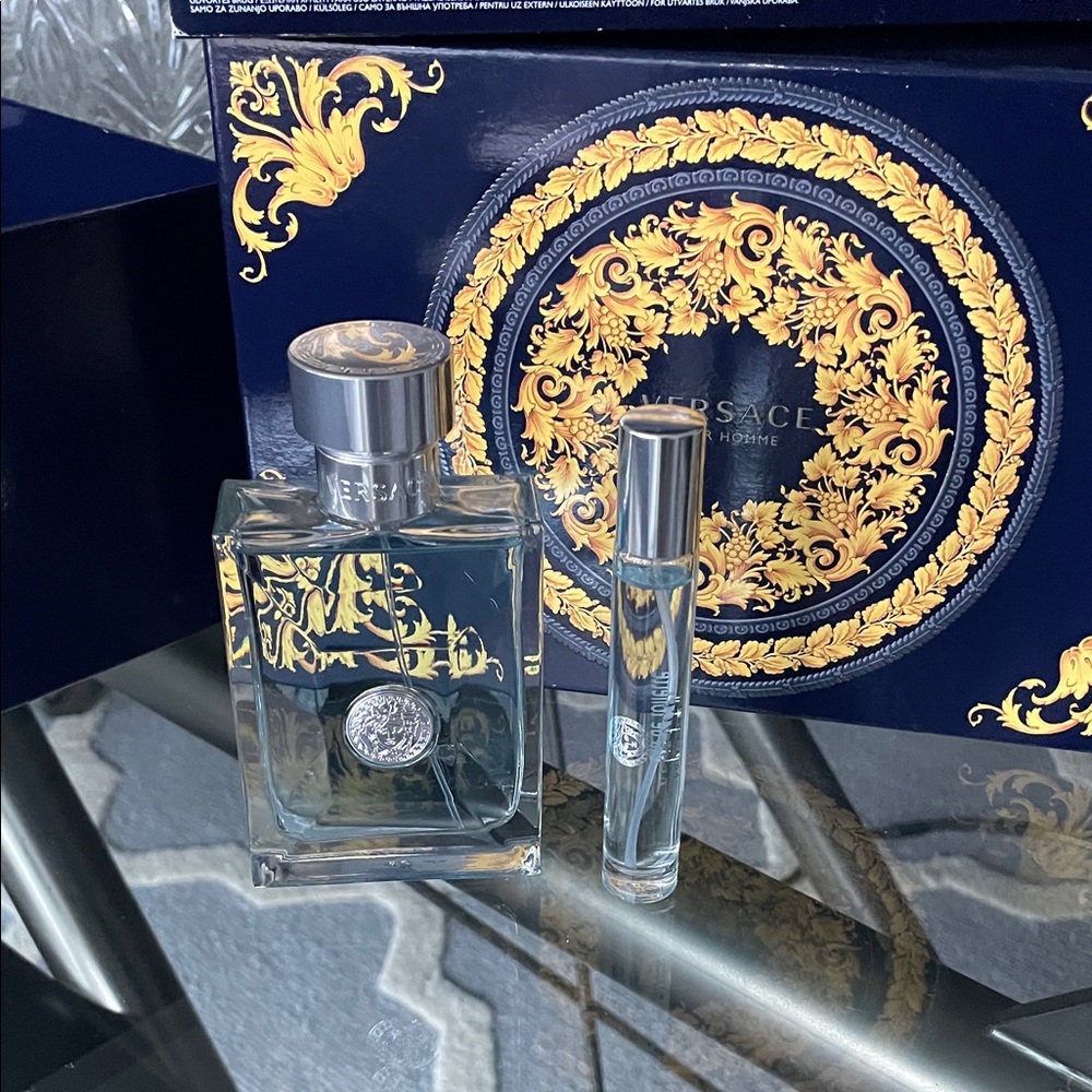 Versace Black Toiletry Bag with Blue Fragrance Set